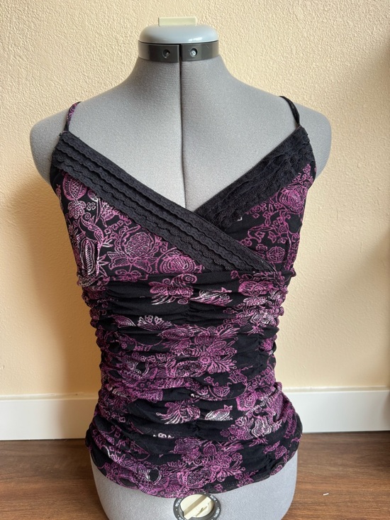Mexx Black & Purple Floral Lace Trim Cami Top Ruched V-Neck Y2K Sheer Mesh Tank - Picture 4 of 12